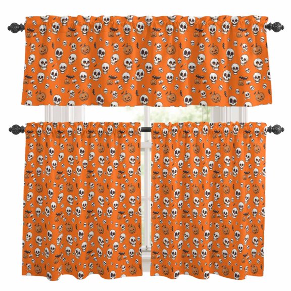 Halloween Horror Skull Kitchen Curtains Sets for Windows 24 Inch Length, Pumpkins Bats Orange Rod Pocket Window Treatments Tier Curtains and Valances Set for Bedroom/Bathroom