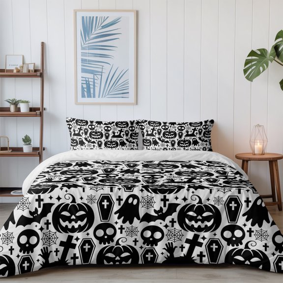 Halloween Horror Skull Pumpkin Ghost California King Size Bed Set,Spiderweb Bat Black White 4 Pcs Bedding Set for All Seasons with 1 Quiltcover (96"x104"),1 Sheet (110"x98"),2 Pillowcases (20"x36")