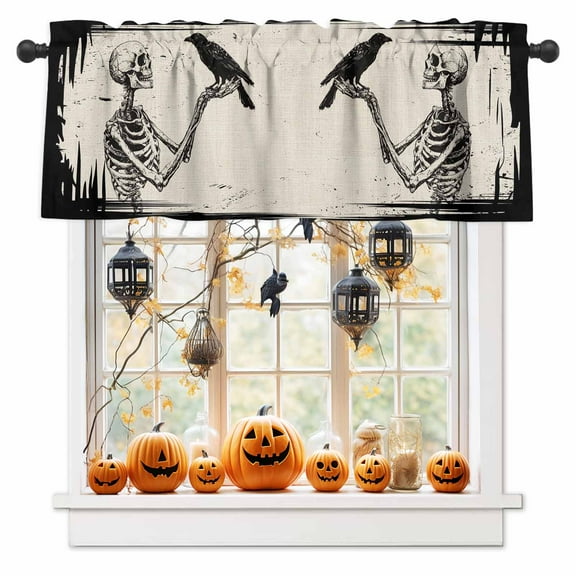 Halloween Horror Skull Skeleton Crow Curtain Valances for Kitchen Windows,Rod Pocket Short Valance Retro Black Beige Small Window Treatment for Living Room Bathroom Bedroom,54" x 18"-1 Panel