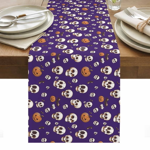 Halloween Horror Skull Table Runner - 108 Inch Long, Kitchen Dining Table Runner Dresser Scarves, Pumpkins Bats Purple Farmhouse Decor for Coffee Tables Wedding Party Banquet