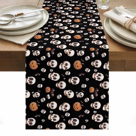 Halloween Horror Skull Table Runner - 48 Inch Long, Kitchen Dining Table Runner Dresser Scarves, Pumpkins Bats Black Abstract Farmhouse Decor for Coffee Tables Wedding Party Banquet