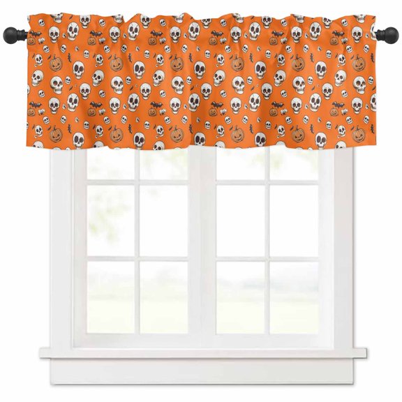Halloween Horror Skull Valances for Windows Farmhouse Kitchen Curtains Valances Rod Pocket Valance Curtains for Kitchen Windows Pumpkins Bats Orange Window Valances for Bathroom Bedroom 54"x18"