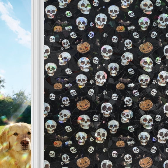 Halloween Horror Skull Window Privacy Film Stain Glass,Reusable Decorative Rainbow Window Film,Pumpkins Bats Black Abstract Static Cling Sun Blocking Stickers Decals Covers 29.5" x 118" (2pcs)