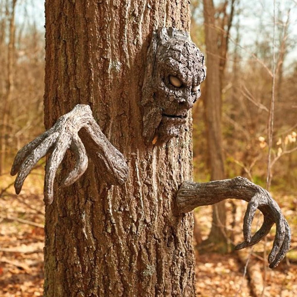 Halloween Horror Tree Face Witch's Hand Decor Set Statues, Scary 3D Tree Bark Face Zombie Hand Resin Sculpture For Easter Yard Art Decor Props