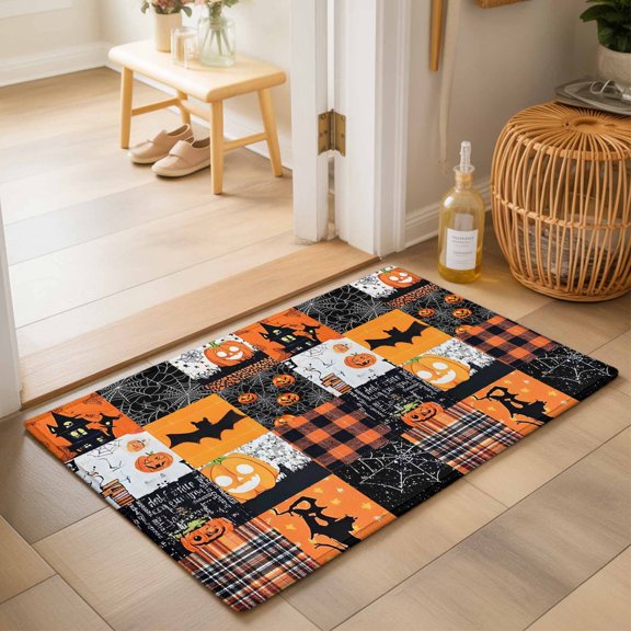Halloween Horror Washable Small Entryway Area Rugs 2'x3', Pumpkin Castle Cowweb Plaid Orange Patchwork Washable Throw Rug Non-Slip Sturdy Edge Binding Carpet for Front Door Floor Room Entry