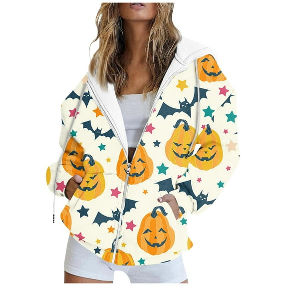 Halloween Hottie's Must-Have! HIMIWAY Chic Seasonal Jacket Women's Fashion Casual Halloween Printed Sweatshirt Autumn and Winter Long Sleeve Pocket Cardigan Jacket Zipper Hoodie Coat Beige S