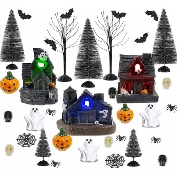 Halloween House Building Set, 51PCS Resin Halloween Village House Statue, 2.5" Witch Castle House, Mini Village Set with Ghost Pumpkins Spider for Table Outdoor Indoor Decor