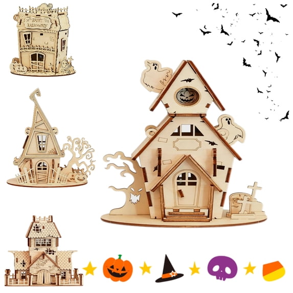KRONDO Halloween House DIY 3D Wooden Puzzle Model, Spooky House Building Kit for Adults & Teens, Holiday Craft Decor Gift