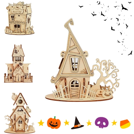 KRONDO Halloween House DIY 3D Wooden Puzzle Model, Spooky House Building Kit for Adults & Teens, Holiday Craft Decor Gift