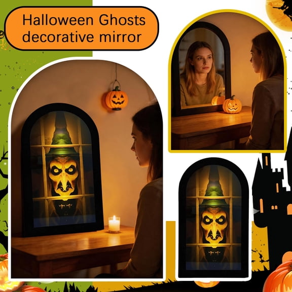 Halloween House Decor, Witch Halloween Decorations, Wall Decorations, Window Mirror Decor, 13X7.5X0.78 Inch Metal Craft Lighted Holographic Ghost Witch Mirror Spooky Festive