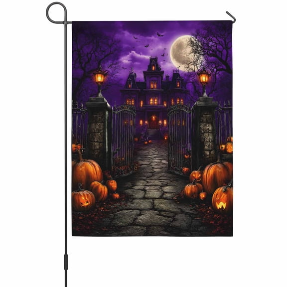 Halloween House Flag 28 x 40 Inches, Spooky Haunted Castle Pumpkin Full Moon Dark Fantasy Weather Proof Outdoor Patio Flags Double Sided Small House Decoration for Yard Lawn Outside Home