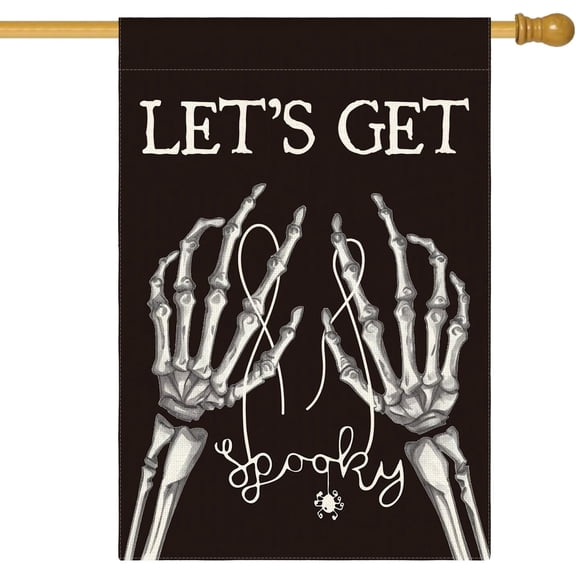 Halloween House Flag 28x40 Inch Double Sided Outside, Let''s Get Spooky Skeleton Yard Outdoor Decorative Flag