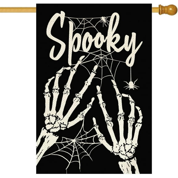 Halloween House Flag Spooky 28 x 40 Inch Double Sided Flags Burlap Skeleton Hands with Spider Webs and Cobwebs Flags For Outside Holiday Seasonal Yard Outdoor Decoration