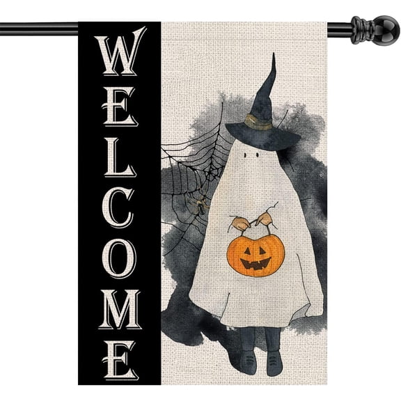 Halloween House Flag Spooky Ghost Welcome Flags Double Sided Vertical Burlap Yard Outdoor Halloween Decor 28x40 Inch