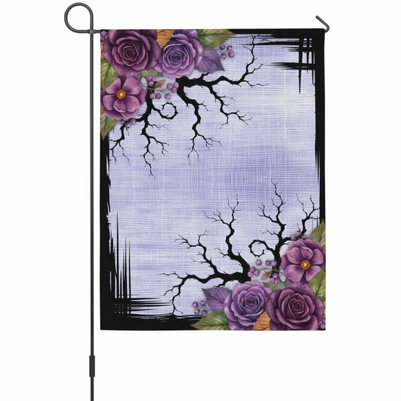 Halloween House Flags For Outdoor, Dark Romantic Purple Rose Bouquet Goth Tree Border Small Double Side Yard Flags Weather Proof House Decor for Lawn Outside Holiday 28 x 40 Inches