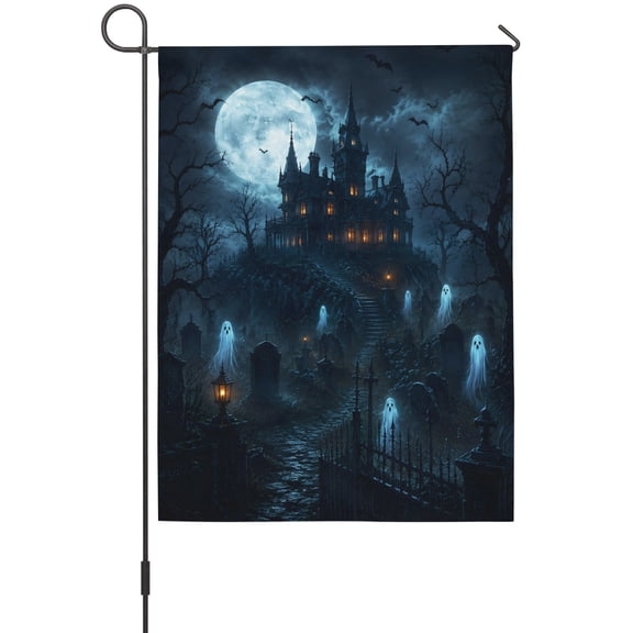 Halloween House Flags For Outdoor, Night Cemetery Ghost Horror Scene Foggy Castle Small Double Side Yard Flags Weather Proof House Decor for Lawn Outside Holiday 28 x 40 Inches