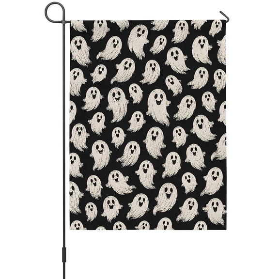 Halloween House Flags For Outdoor, Retro Cartoon White Flying Ghosts Black Background Small Double Side Yard Flags Weather Proof House Decor for Lawn Outside Holiday 28 x 40 Inches