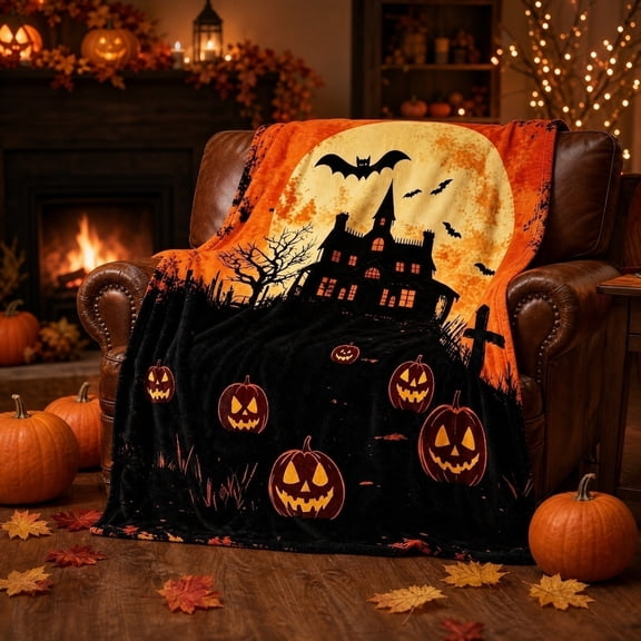 Halloween House Pumpkin Bat Flannel Throw Blanket,Soft Warm Fabric Surface,Vivid HD Sublimation Printing Craft for Sofa,Couch,Bed,Camping,60"x40"