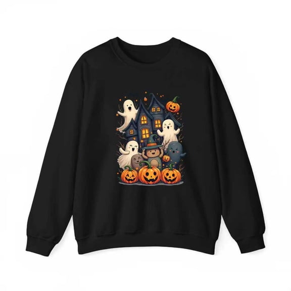 Halloween House Round-neck long-sleeved Smiling Ghosts Pumpkin Design Soft Comfort Black S-3XL