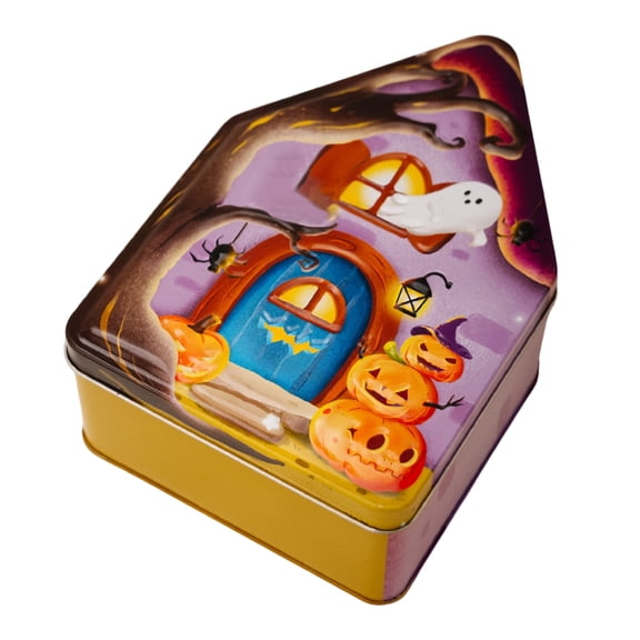 Halloween House Shaped Tin Box, Metal Desktop Storage Organizer with Lid, Reusable Spooky Container for Candy Treat Jewelry Stationery Party Decor(A)