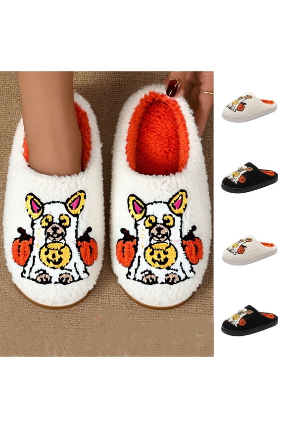 Halloween House Slippers for Woman Flat Heel Close Toe Slides Outdoor Indoor Warm Plush Casual Bedroom Shoes for Women Black 9