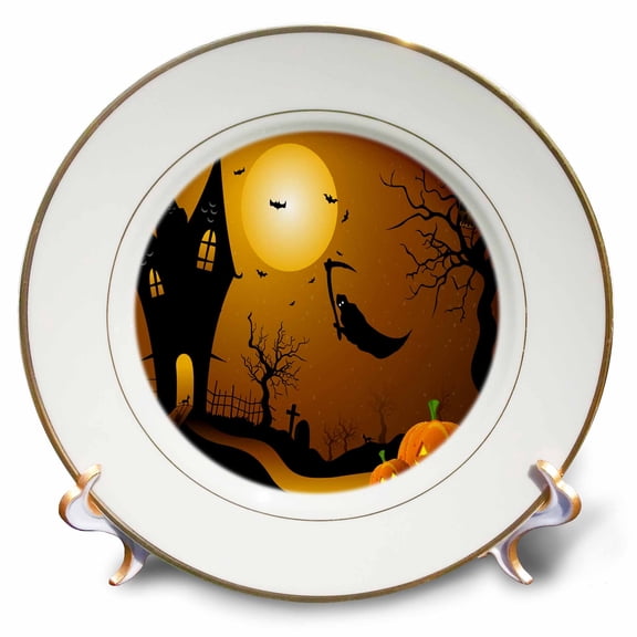 3dRose, Halloween House With Pumpkins, Skulls, and Bats and The Grim Reaper, 8 inch Porcelain Plate