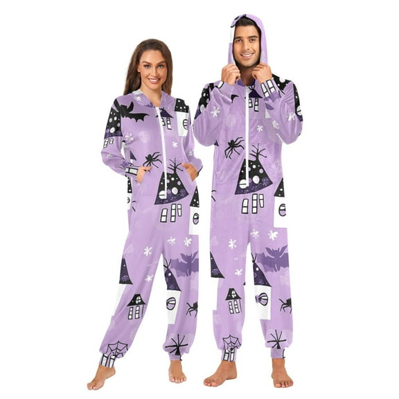 Halloween Houses and Bats Adult onesie Pajamas, Crystal Velvet Ultra Soft Warm Jumpsuit for Men and Women