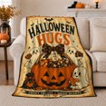 thumbnail image 1 of Halloween Hugs Pumpkin with Ghosts and Candy, Cheerful Vintage Style for Halloween Lovers, Cozy Sweet Treat Quote, Flannel Blanket for Playroom and Bedroom, Halloween Gift and Spooky Home Decor, 1 of 9