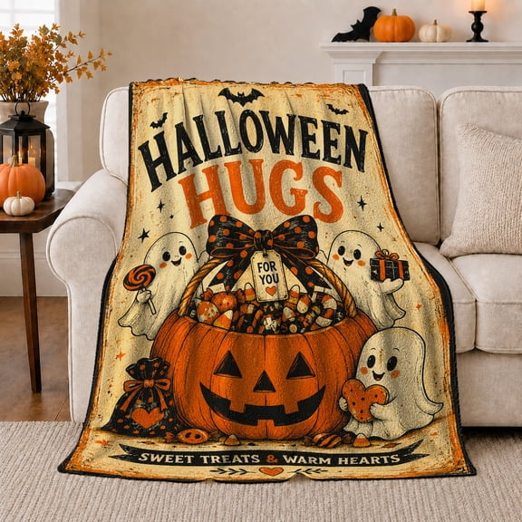 Halloween Hugs Pumpkin with Ghosts and Candy, Cheerful Vintage Style for Halloween Lovers, Cozy Sweet Treat Quote, Flannel Blanket for Playroom and Bedroom, Halloween Gift and Spooky Home Decor
