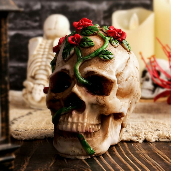 Halloween Human Skull with Rose Resin Statue Small Size Head Sculptures Gothic Skull Collectible Figurines