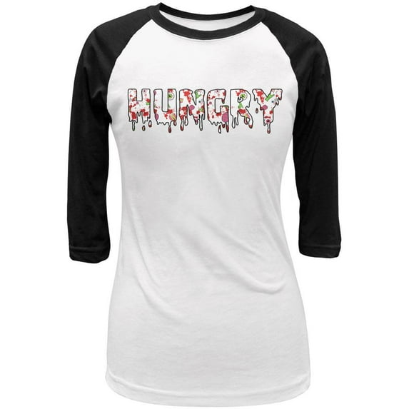 Halloween Hungry Zombie Pattern Juniors 3/4 Sleeve Raglan T Shirt White-Black X-LG