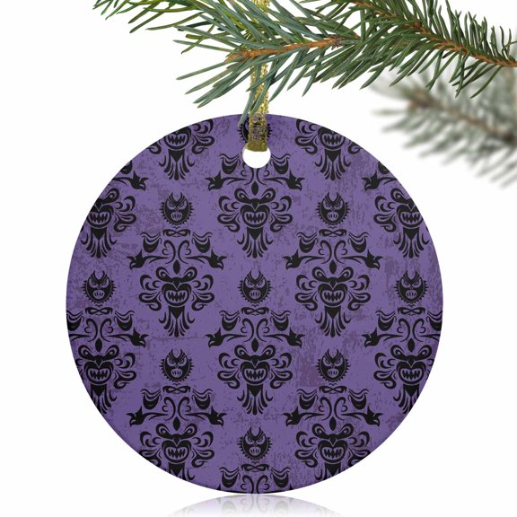 Halloween Hunted Damask Ghost Christmas Ceramic Ornament 2025,3" Round Xmas Tree Hanging Accessories with Gold Ribbon
