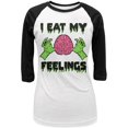 thumbnail image 1 of Halloween I Eat My Feelings Zombie Brain Juniors 3/4 Sleeve Raglan T Shirt White-Black SM, 1 of 1