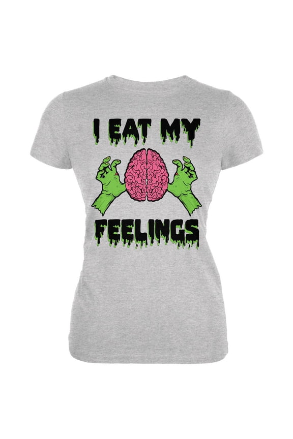 Halloween I Eat My Feelings Zombie Brain Juniors Soft T Shirt Heather LG