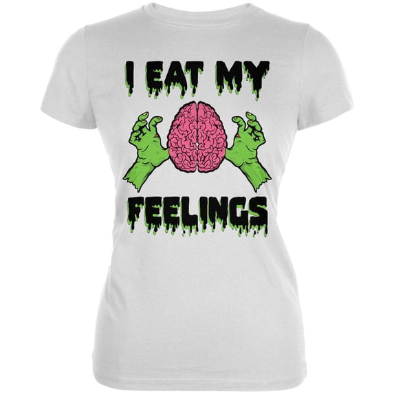 Halloween I Eat My Feelings Zombie Brain Juniors Soft T Shirt White 2XL