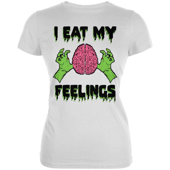 Halloween I Eat My Feelings Zombie Brain Juniors Soft T Shirt White SM