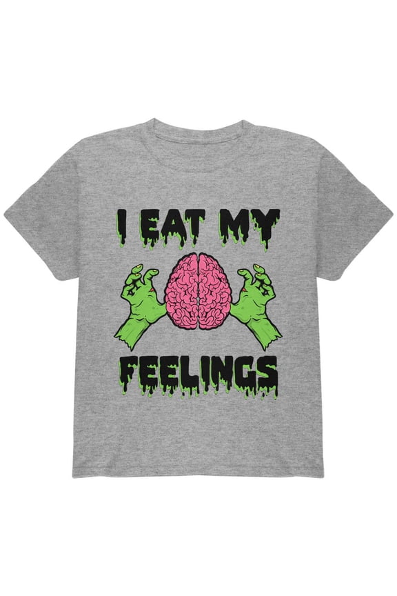 Halloween I Eat My Feelings Zombie Brain Youth T Shirt Heather YXL