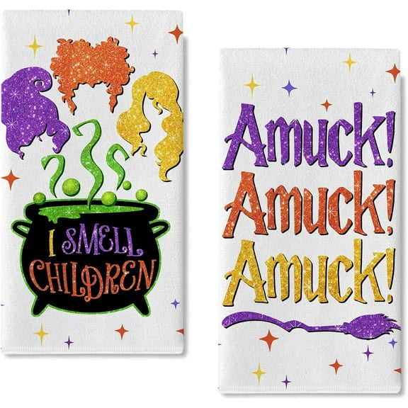 Halloween I Smell Children Kitchen Dish Towels Set of 2, Sanderson Sisters Hand Towels Witch Broom Drying Baking Cooking Cloth, Hocus Pocus Amuck Holiday Funny Home Kitchen Decor 18x26
