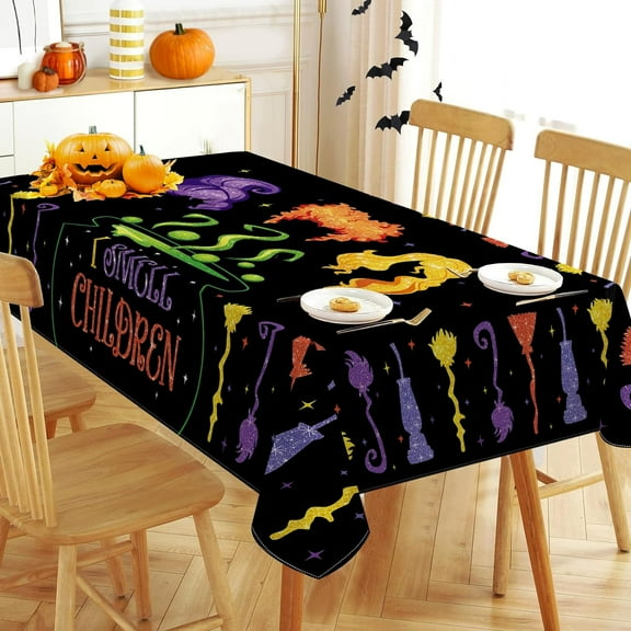 Halloween I Smell Children Rectangle Tablecloth 60 x 84 Inch, Sanderson Sisters Witch Broom Decorative Table Cloth Glitter Dining Table Cover, Hocus Pocus Holiday Dinner Picnic Decoration