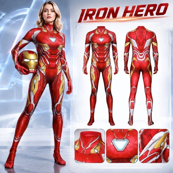 Halloween ICostume Adult Iron Hero Cosplay Bodysuit Red Armor Jumpsuit Costume for Women Comic Con Dress Up Party Outfit with Mask