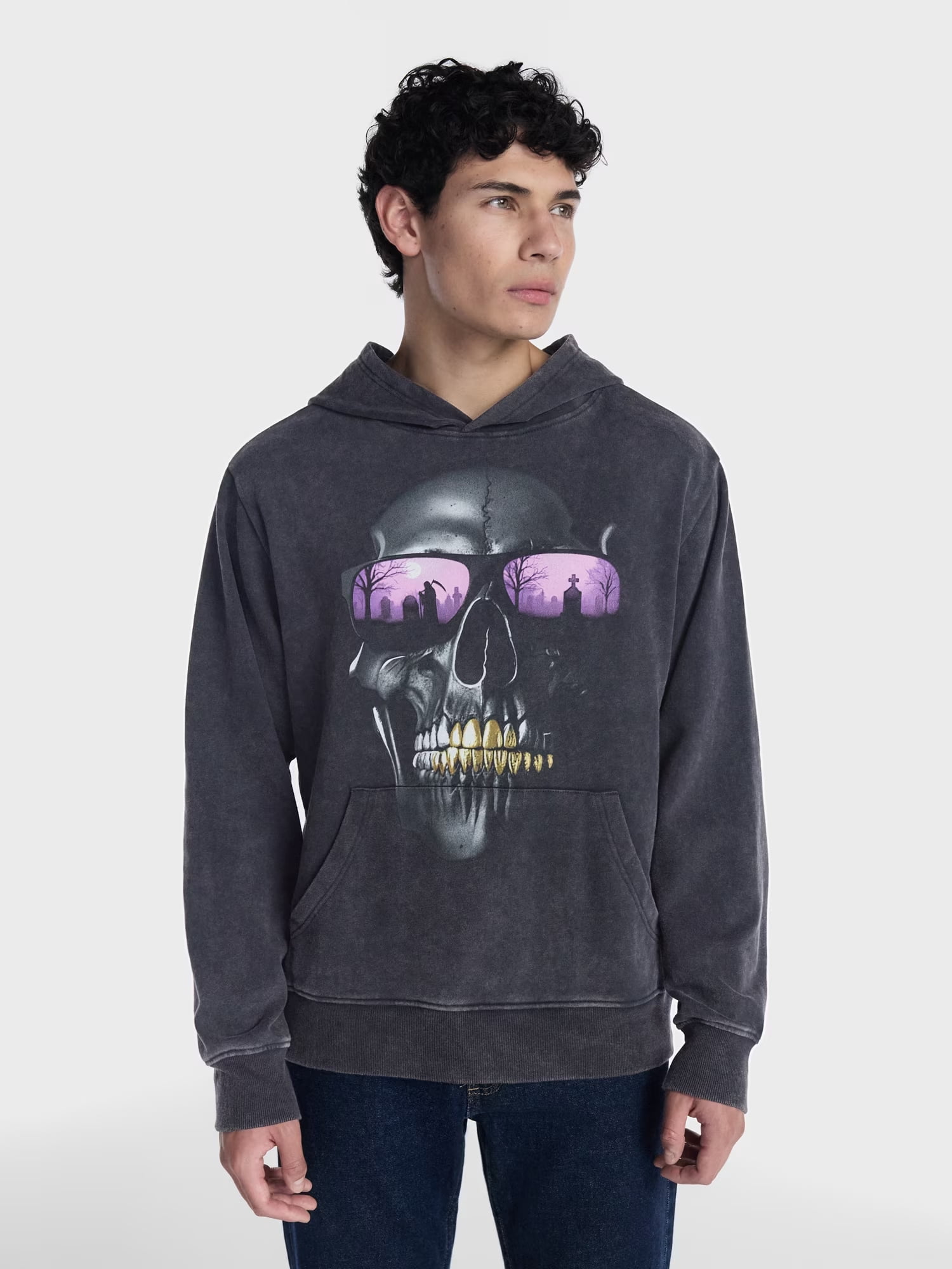 Halloween Oversized Fit Grim Reaper Graveyard Graphic Fleece Hoodie Sweatshirt, Men's Sizes XS-4XLT