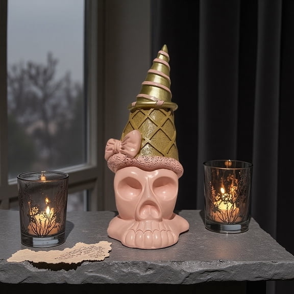 Halloween Ice Cream Cake Skull Decoration, Whimsical Gothic Resin Ornament & Spooky Macabre Art For Haunted House Tabletop