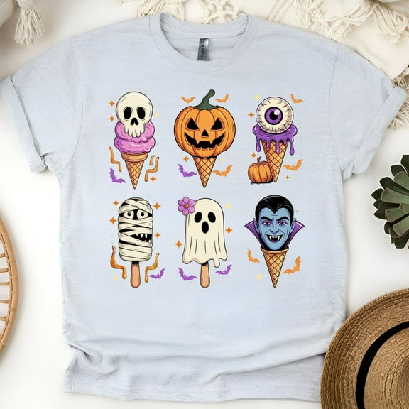 Halloween Ice Cream T-Shirt | Cute Spooky Cone Monster Graphic Tee, Ash, Size S