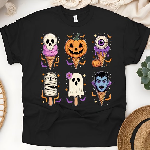 Halloween Ice Cream T-Shirt | Cute Spooky Cone Monster Graphic Tee, Black, Size S