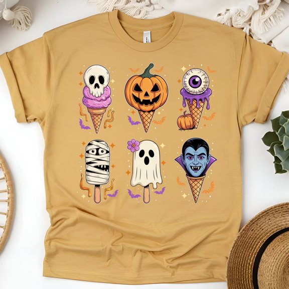 Halloween Ice Cream T-Shirt | Cute Spooky Cone Monster Graphic Tee, Gold, Size S