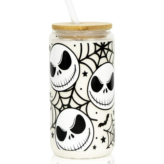 Halloween Iced Coffee Can Glass, 16oz Nightmare Halloween Cup with Lid and Straw, Spooky Season Glass Tumbler for Fall Gifts