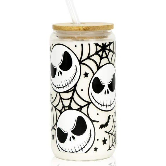 Halloween Iced Coffee Can Glass, 16oz Nightmare Halloween Cup with Lid and Straw, Spooky Season Glass Tumbler for Fall Gifts