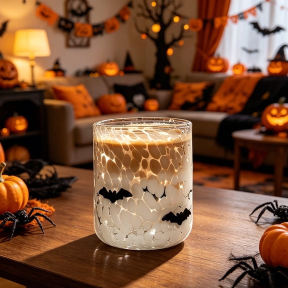 Halloween Icon Glass Cups - 16 oz Pumpkin,Ghost,Bat,Cat Icon Juice Glasses Old Fashioned Drinking Cups - Ideal for Halloween Thanksgiving Party Decoration,Friends Lovely Gifts（D）