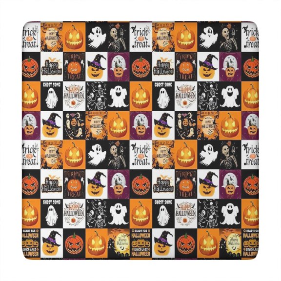 Halloween Icons Collage Pattern Square Fitted Tablecloth with Elastic Edge,Square Table Cover,Washable Elastic Table Cover for Home Kitchen Party Decor 34"x34"
