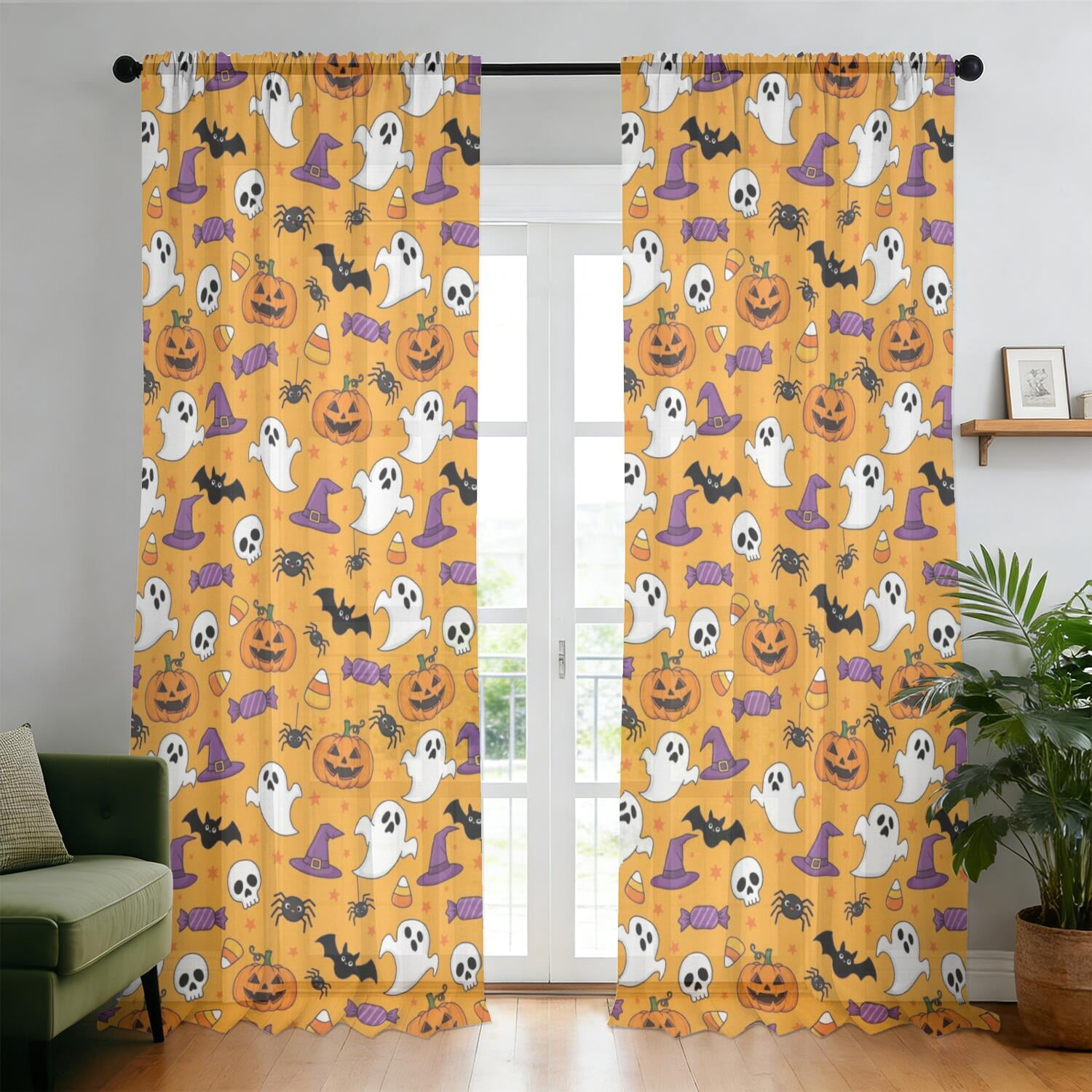 Halloween Icons Pattern Sheer Curtains, Sheer Curtain Panels with Dual ...